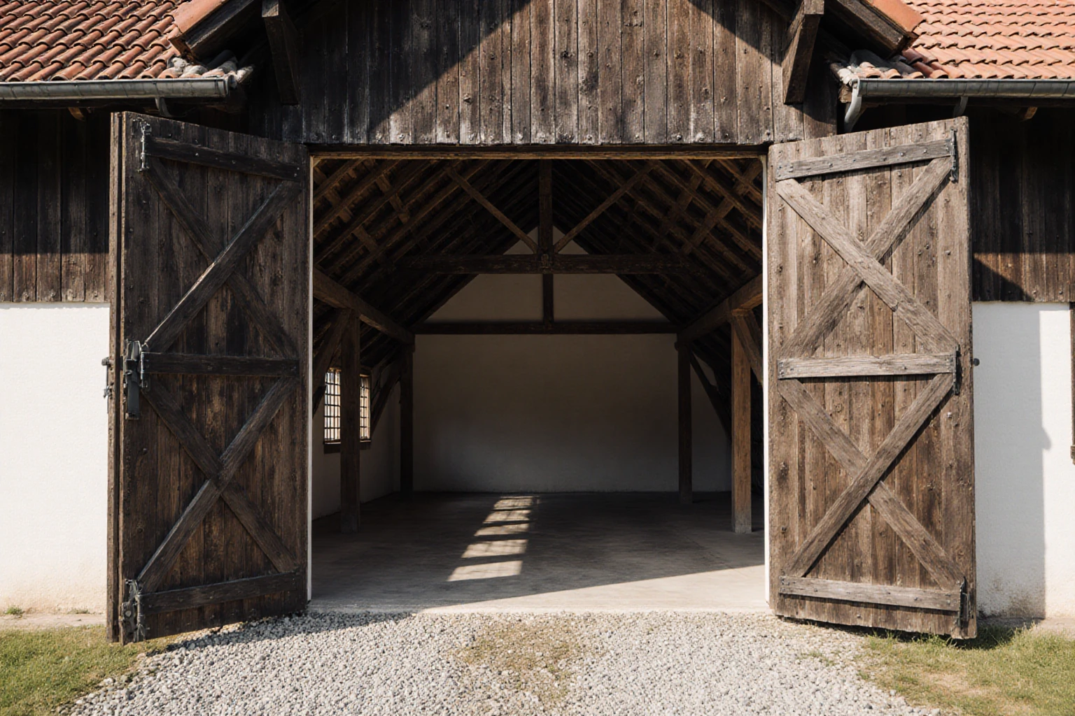 Offene Scheunentore mit Blick auf eine leere landwirtschaftliche Wirtschaftsfläche